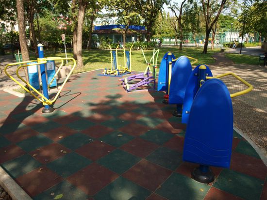 Freiluft Fitnessstudio im Park. 
In den zahlreichen Gruenanlagen fahren die Bewohner Rad, laufen, ueben Thaiboxen, machen Joga oder Freiluft Aerobic in Grossgruppen.