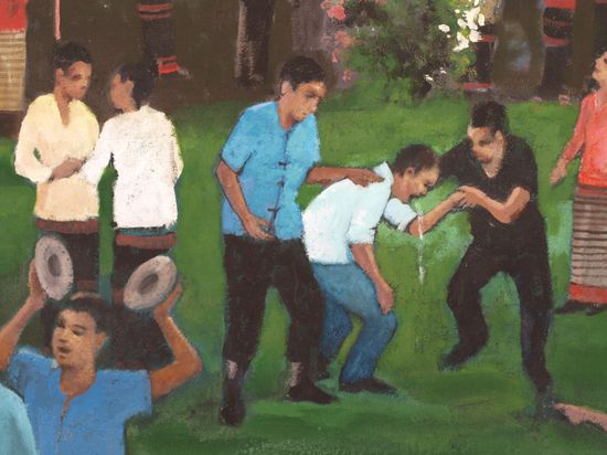 Ausschnitt aus einem Gemaelde an einer Tempelwand. Wieder mal ein Beispiel, wie nah Religion und Alltag in Thailand sind.