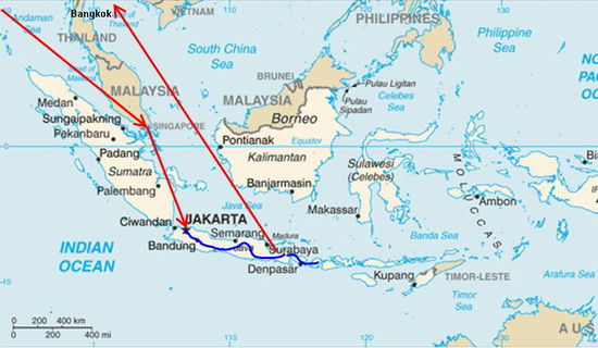rot = Flüge
blau = Tuk-Tuk, Bus, Bahn, Taxi usw.