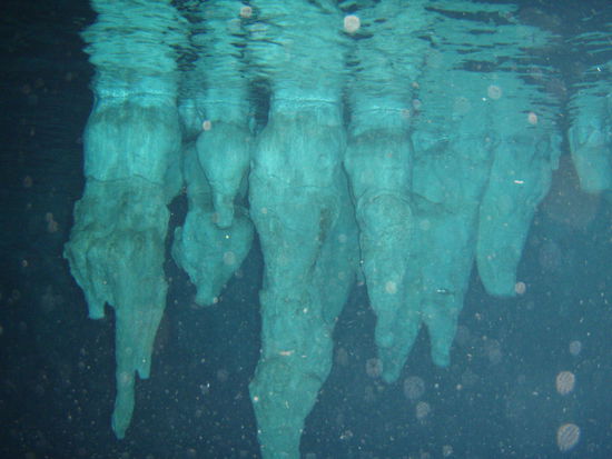 Die Stalagtiten unter Wasser.