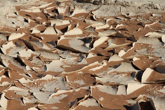 Das ist nach dem Regen der ausgetrocknete Boden- Gips.