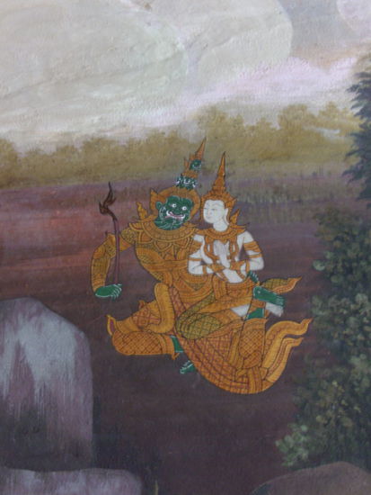 Der grüngesichtige Bösewicht Tosakan entführt Nang Sida (mit weißem Gesicht und Goldkrone)