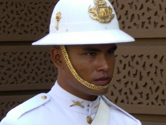 Das Gesicht des Wachsoldaten scheint vor Anspannung erstarrt