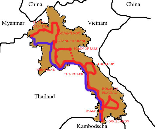 rot: Route durch Laos
blau: Flusslauf des Mekong