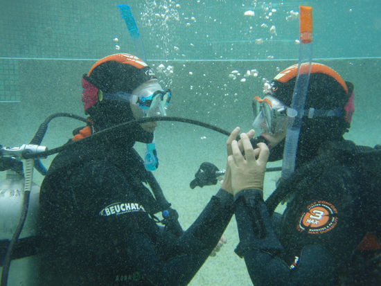 In der Tauchschule. uebungen unter wasser