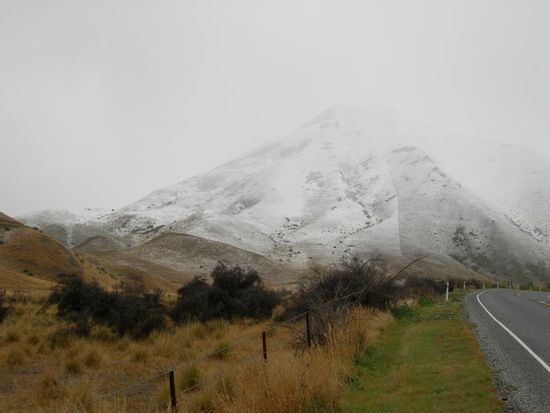 dieses foto ist auf dem Weg nach Christchurch entstanden. Dort dachten wir: oh wow, richtig viel Schnee auf dem Berg - bis wir um die naechste Ecke bogen