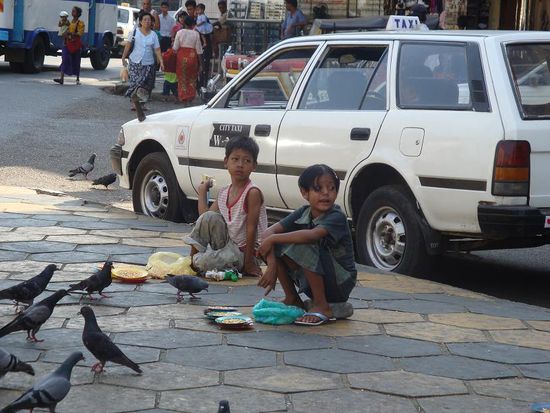 Kinder die auf der Strasse Futter fuer die Voegel verkauften...