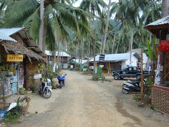 An dieser Strasse, die auch zum Strand fuehrte, befand sich unsere Bungalow. So sieht es eigentlich schoen aus... aber in Wirklichkeit war es alles andere als sauber hier !