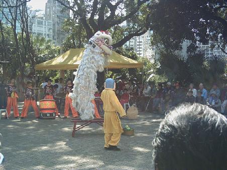 Kowloon Park in Tsim Sha Tsui.Lion Dance Vorfuehrung in der Kung Fu Corner