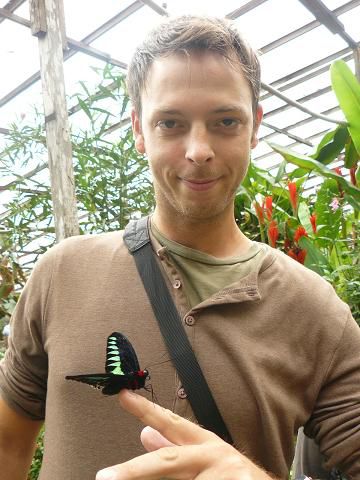 ...und dann kam auch noch ein Schmetterling zu ihm geflogen...manoman, was ein Tag. Dieses Exemplar ist uebrigens der malayische Nationalschmetterling, hat uns unser Guide stolz erklaert...