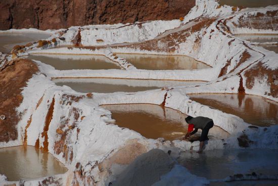 Hier ist Handarbeit angesagt - kaum vorstellbar, den ganzen Tag barfuss in der Lake zu stehen und mit blossen Haenden das Salz zu schoepfen