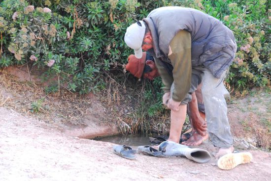 Aber die sozialen Einrichtungen des Arbeitgebers sind vorbildlich - es gibt die Moeglichkeit, die Fuesse zu waschen