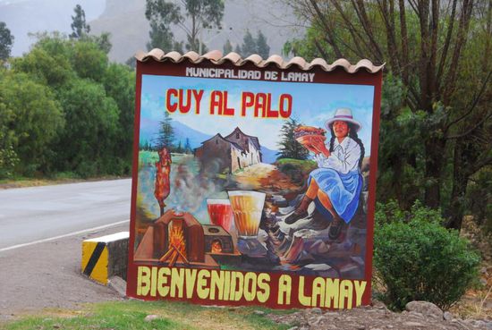 Der Reisende wird am Ortseingang von Lamay mit einer riesigen Reklametafel empfangen, auf der fuer Meerschweinchen am Spiess geworben wird!