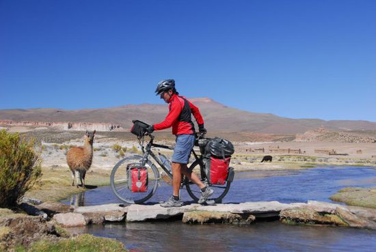 Trockenen Fusses unter den neugierigen Blicken eines Lamas quere ich den Fluss