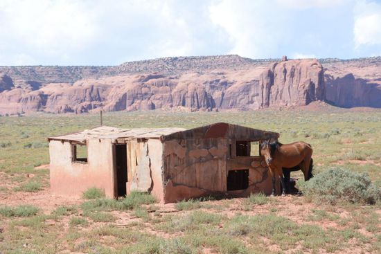 In dieser Huette soll sich John Wayne, der nicht nur hier allgegenwaertig ist, vom Stress der Dreharbeiten erholt haben - hoffentlich ist es nicht sein Pferd, das hier vergessen wurde