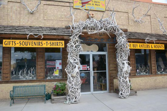 Dieser Laden war leider geschlossen, das Warenangebot fuer unsere Begriffe schon ziemlich ausgefallen: Ausgestopfte Wapitihirsche, Bisons, Pumas, Kojoten und alles Moegliche andere, wobei man sich fragt: Wer kauft das Zeug bloss?