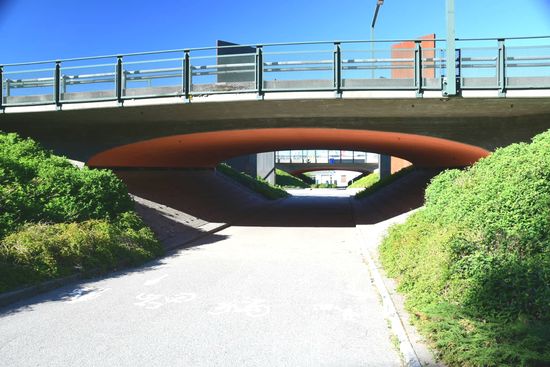Radwegeführung an einer großen Kreuzung: Alle vier Straßen haben beidseitige Radwege, alle vier Straße eine Unterführung für Radfahrer - und in der Mitte, unterhalb des Straßenniveaus, ein Radfahrerkreisverkehr