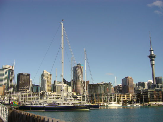 Auckland - City of Sails! Die Skyline von Auckland im Hintergrund mit einigen Yachten davor.
