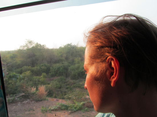 Susi studiert die Landschaft mit hochrotem Kopf....