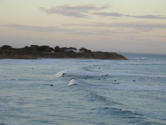 Surfer lauern auf die passenden Wellen in der Bucht von Torquay, dem Mekka fuer Surfer aus ganz Australien!