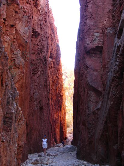 Der Standley - Chasm in den MacDonall Ranges, eigentlich die beruehmteste Schlucht hier. Sie wird Mittags vom Sonnenlicht durchflutet.