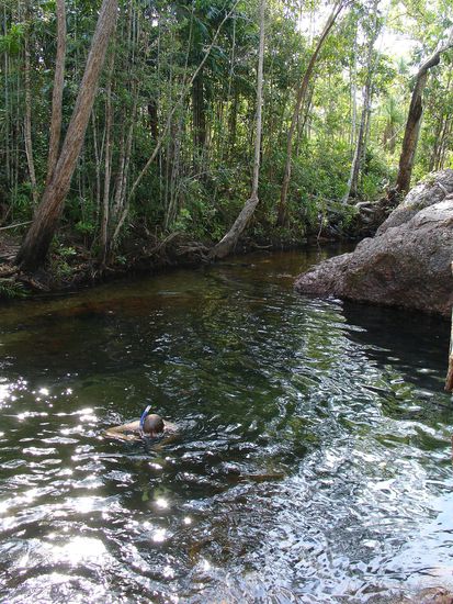 - Andy beim Schnorcheln in einem Plunge-Pool, Litchfield NP - 
In so einem Wasserbecken hatte Andy auch mit der Taucherbrille unser erstes 3m-Krokodil entdeckt, es hatte sich unter Wasser zwischen den Steinen versteckt...wir waren schnell aus dem Wasser raus!! Uaaahhh...