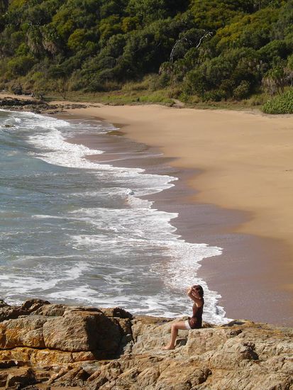 - Agnes Water -
Schon gut zum Surfen. Daisy hielt lieber nach Walen Ausschau, die wir aber erst auf Fraser Island spaeter sahen.