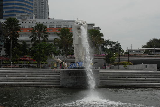 Der Merlion, das Wahrzeichen Singapurs. Eine Mischung aus Fisch und Loewe