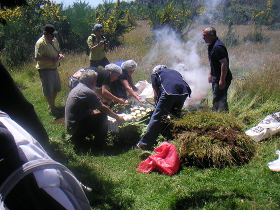 Curanto, Spezialität auf Chiloe, Fleisch, Muscheln und Kartroffeln werden in der Erde mit Glut verpackt ......