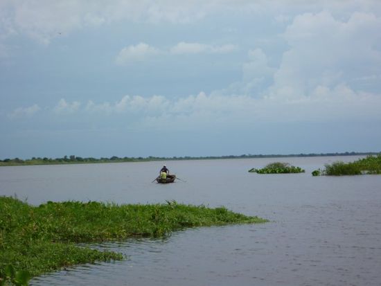 Der Rio Paraguay, ziemlich breit und maechtig, Peter holt hier Aquarienfische raus.