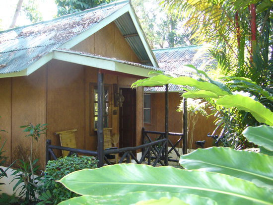 Die Bungalows liegen inmitten eines tropischen Gartens