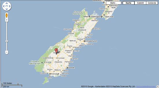 An der markierten Stelle liegt Wanaka auf der Südinsel Neuseelands.