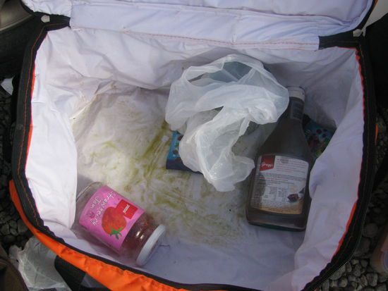 Ausgelaufene Pesto in der Kühltasche. 