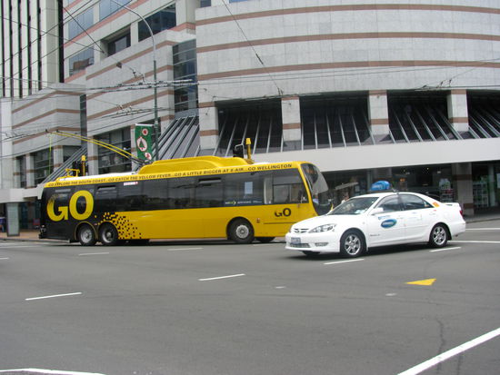 Wellingtons Ökobusse. Fahren fast alle mit Strom aus der Leitung.