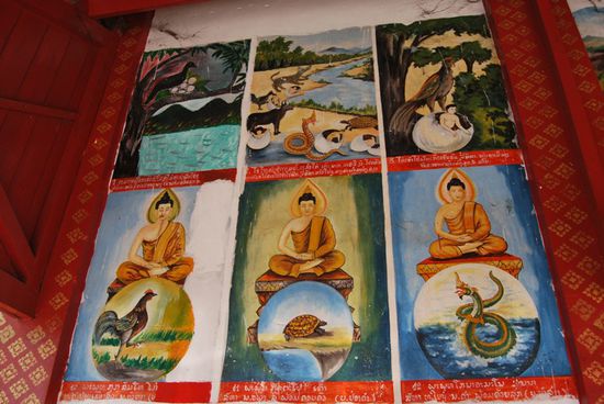 Die ersten 5000 Jahre war Buddha ein Hahn, dann eine Schildkroete, dann eine Schlange. Alles Tiere, die auf ihn aufgepasst haben beim "schluepfen" Bild mitte oben!