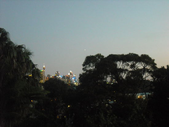 Blick auf die Skyline von Sydney vom Balkon
