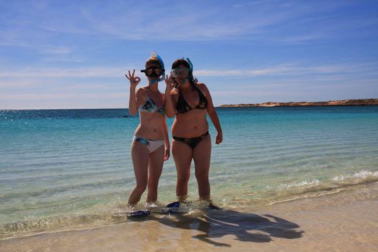 Zwei Badenixen, Belli hat hier einen 6 m ( langen Reef-Hai gesehn, naja er war dann doch nur 1,50 lang. Ich bin mit ner Schildkröte geschwommen. Man mußte sich nur an ihrem Panzer festhalten und losgings  das hab ich natürlich nicht gemacht. Ich bin direkt neben und mit ihr geschwommen. Fantastisch...