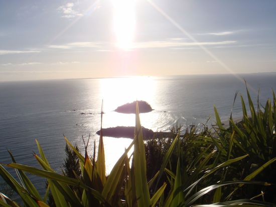 Blick vom Mount Manganui morgens um 8 Uhr beim Fruehstuecken.