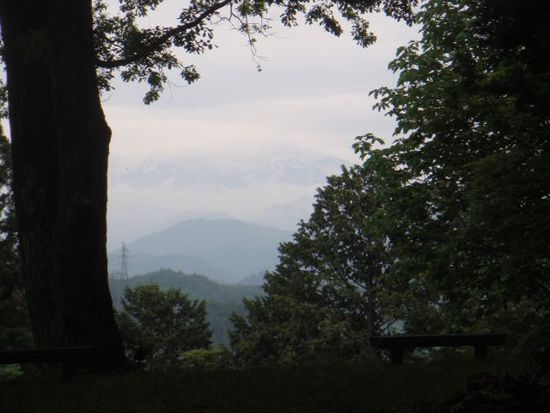 Wenn man ganz genau hinschaut, kann man die schneebedeckten Alpen sehen (aufgenommen im Shiroyama-Park, wo man noch die Ruinen der einstigen Burg von Takayama sehen kann)