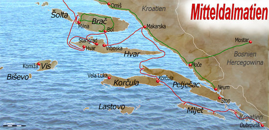 Karte der Tour Mitteldalmatien (und Süddalmatien)