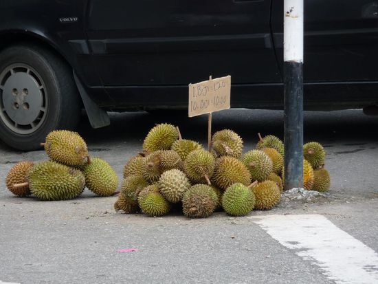 Durianfrucht. Auch als Stinkfrucht bekannt. Sie wird hier ueberall verkauft. Und man kann die Staende von weitem her riechen. Ich mag den Geruch eigentlich ganz gut, wenn man an den Verkaufsstaenden vorbei geht. Aber wie ich mittlerweile weiss, schmeckt sie mir zum Essen nicht so wirklich.
