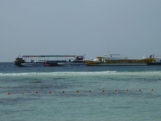 Links im Hintergrund, was wie ein Frachter aussieht, ist die Landeplattform. Rechts vorne die gelbe Tigerlineferry.