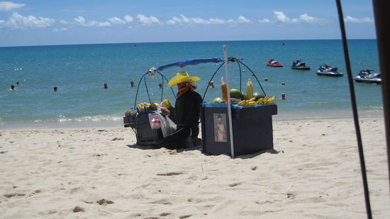 ein Strandverkaeufer, voll cool der Typ aber die Arbeit will ich nicht machen. Voll beladen wiegt sein Laden, gefuellt mit Obst, 120 kg. Damit geht er den ganzen Tag am Strand auf und ab.