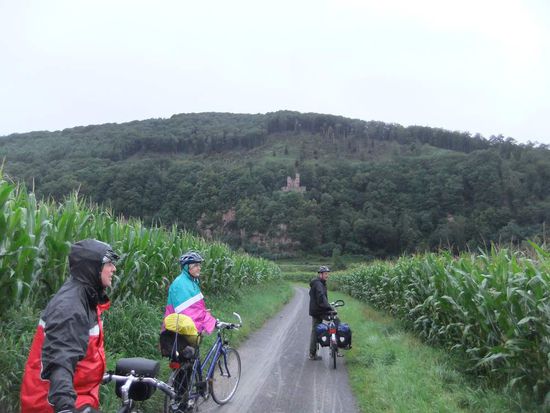 Regenstimmung mit Maisfeld, Burg und Drahteselrittern