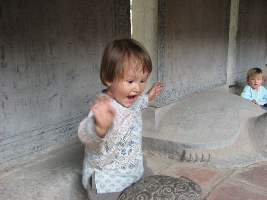 Yara auf einer steinernen Schildkröte im Literaturtempel in Hanoi