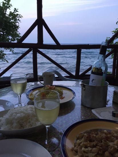 Fisch in grüner Currysoße mit frischem knackigen Gemüse. Hühnerbrust fein geschnitten in einer Soße aus Zwiebeln und herrlich frischen Gewürzen die ich nicht wiedergeben kann. Reis... herrlich duftender Reis und eine Flasche Australischem Weißwein
