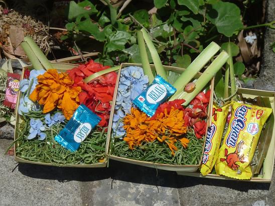 Opfergaben, man sieht sie ÜBERALL in Bali in unserem Hotel alleine liegen jeden Tag um die 6 Opfergaben. Die Menschen tun alles mögliche rein, Blumen, Zigaretten, Kekse, Geld etc.