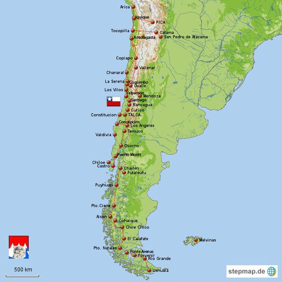 Zeigt meine Routen durch Chile.