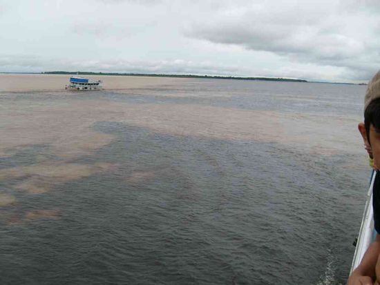 Hier vereinigen sich der Rio Negro mit dem Rio Solimoes. Das Wasser vermischt sich nicht sofort.