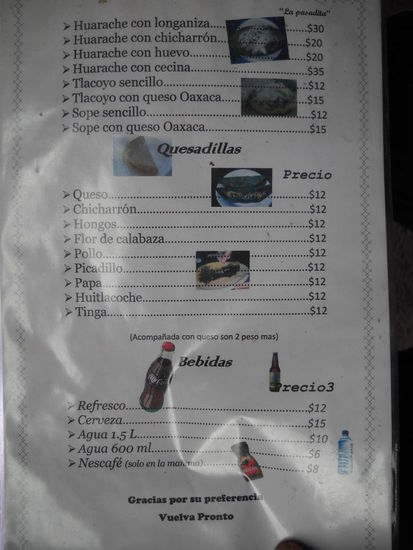 Speise Karte. 1 US$ = 11 Pesos